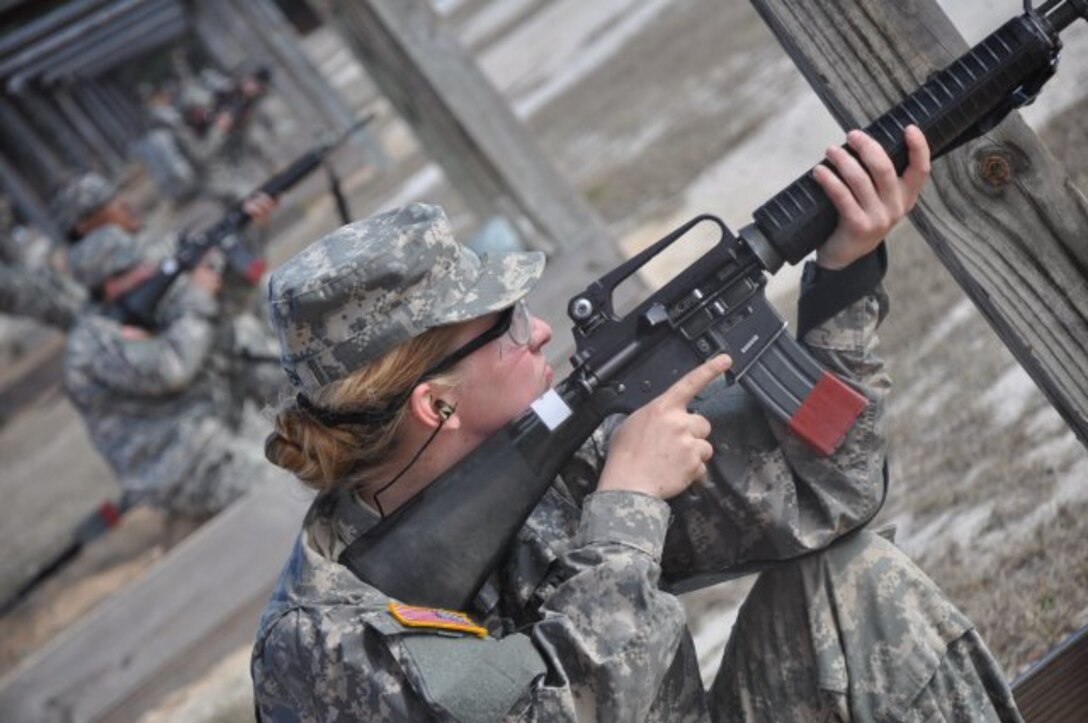 Pvt. Cicely Verstein practices marksmanship on a Fort Jackson rifle range earlier this week. Verstein will be the first female 91M Bradley Fighting Vehicle System maintainer, one of six military occupational specialties previously restricted to men. (U.S. Army photo by Wallace McBride/Released)