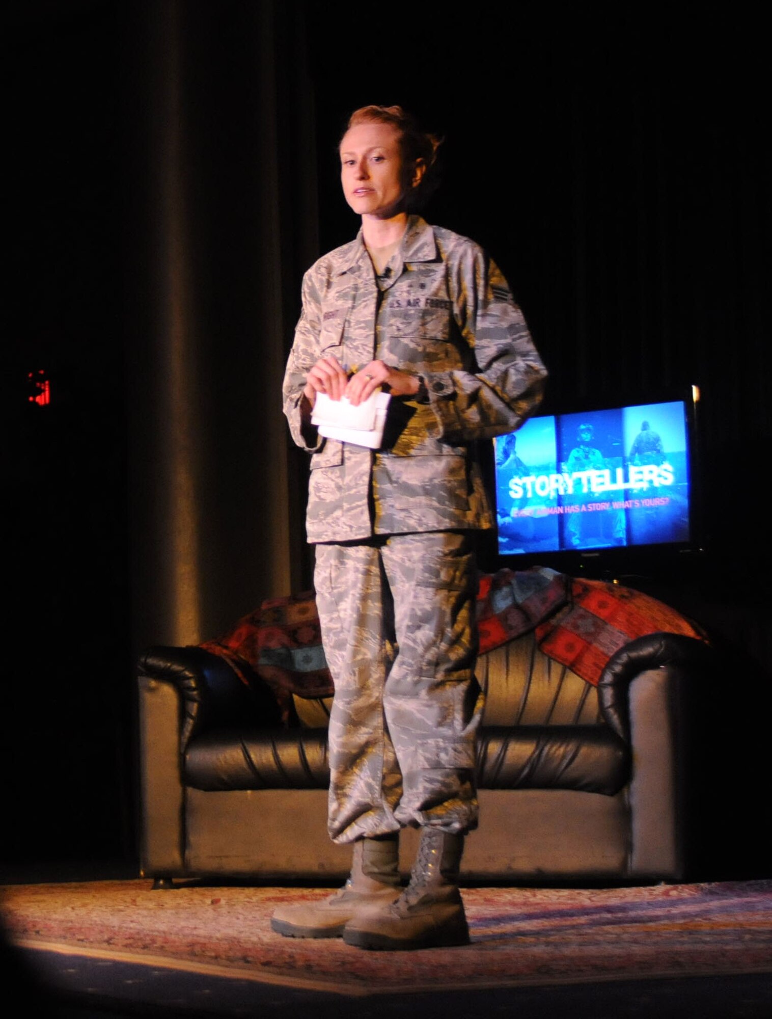 Senior Airman Alicja Wright, 39th Medical Operations Squadron mental health technician, gives details surrounding her brother’s suicide to promote prevention and awareness Jan. 18, 2013, at Incirlik Air Base, Turkey.  Wright was one of seven participants in Storytellers II, an event created to provide a forum where Airmen can share experiences and learn about one another, promoting understanding throughout the force. (U.S. Air Force photo by Senior Airman Anthony Sanchelli/Released)