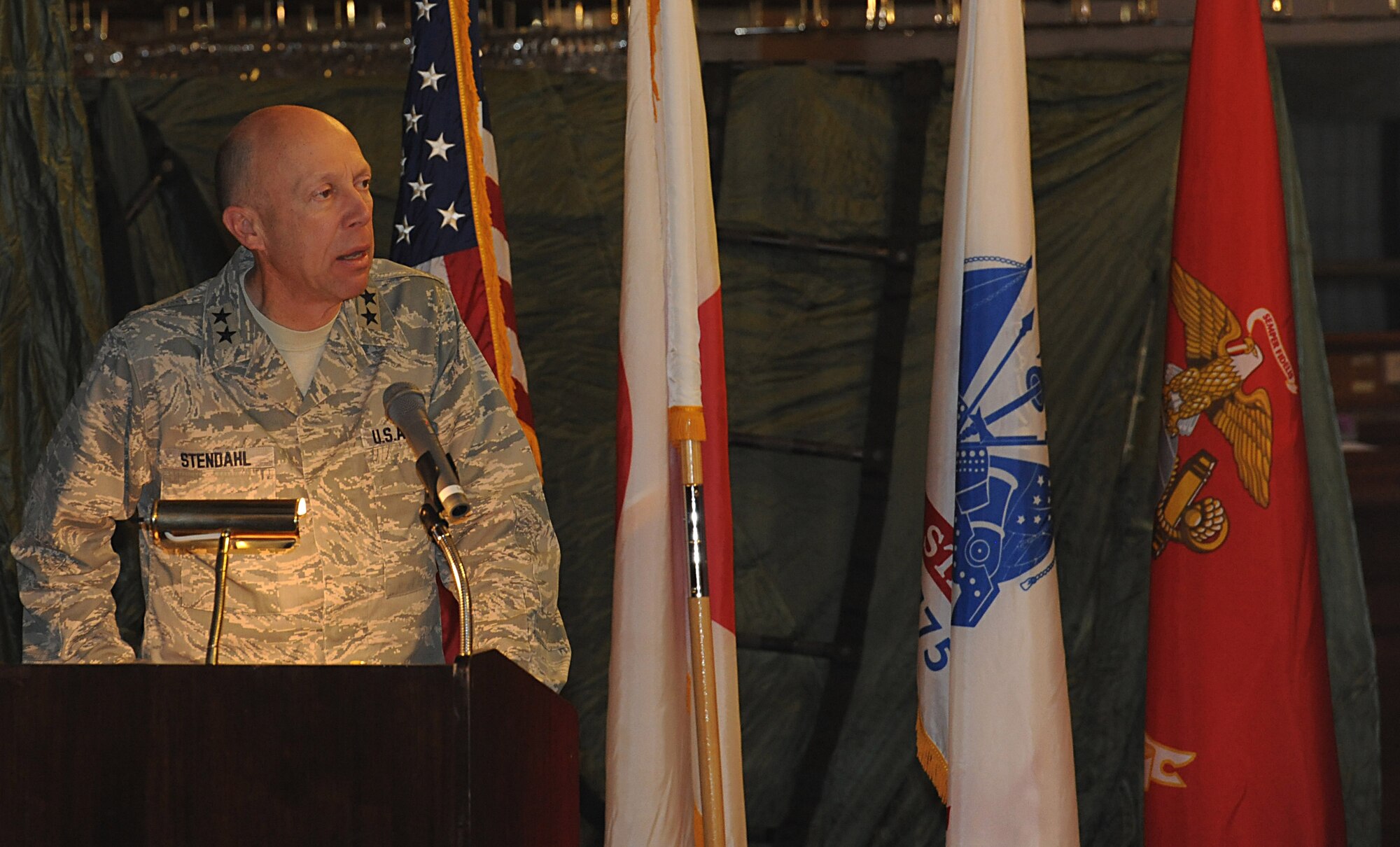 U.S. Air Force Chaplain (Maj. Gen.) Howard Stendahl, Chief of Chaplains, Headquarters U.S. Air Force, Pentagon, Washington, D.C., talks about “Our Legacy of Religious Freedom” at the National Prayer Luncheon on Kadena Air Base, Japan, Jan. 24, 2013. Kadena members also shared a little history and personal conversation with their Japan Air Self-Defense Force counterparts who attended the event for the first time. (U.S. Air Force photo/Airman 1st Class Malia Jenkins)
