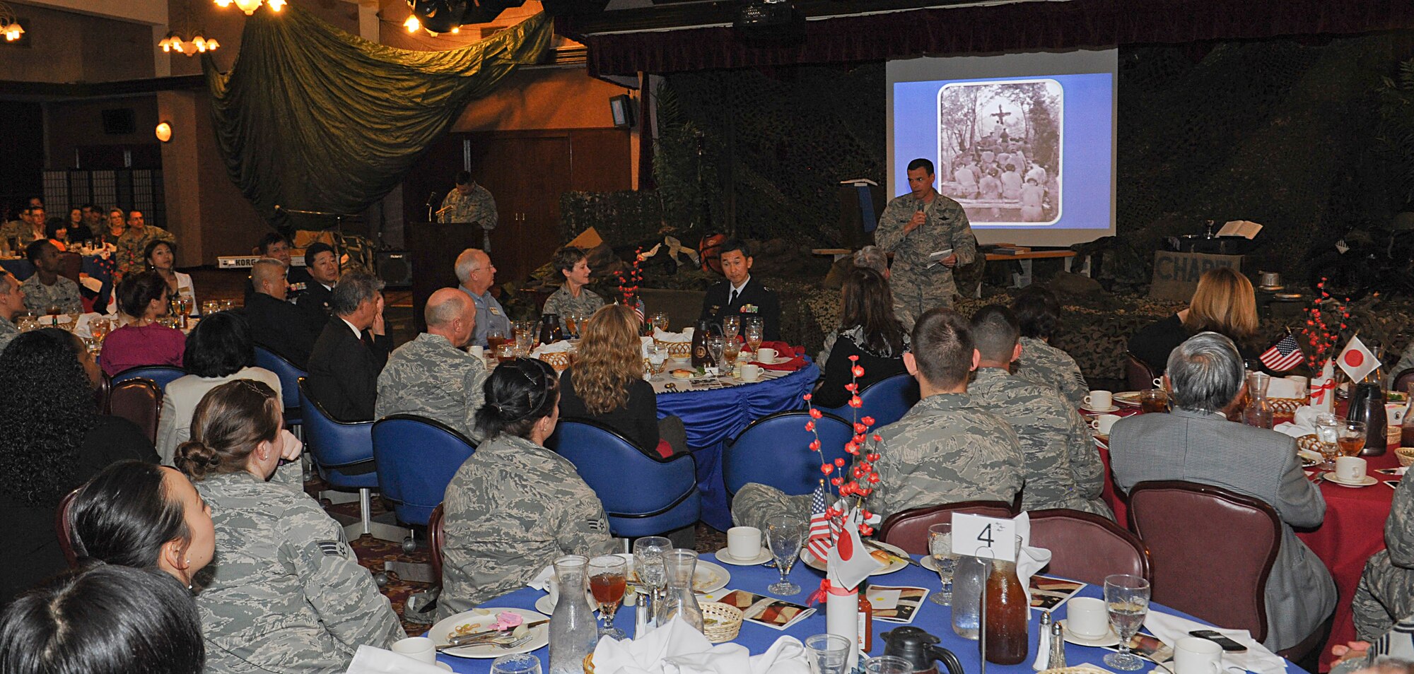 U.S. Air Force Brig. Gen. Matt Molloy, 18th Wing commander, gives his closing remarks at the end of the National Prayer Luncheon on Kadena Air Base, Japan, Jan. 24, 2013. Members from Kadena fostered and maintained a positive relationship with the local community by sharing a little history and personal conversation with Japan Air Self-Defense Force members who also attended the luncheon. This was the first time JASDF members attended the event. (U.S. Air Force photo/Airman 1st Class Malia Jenkins)