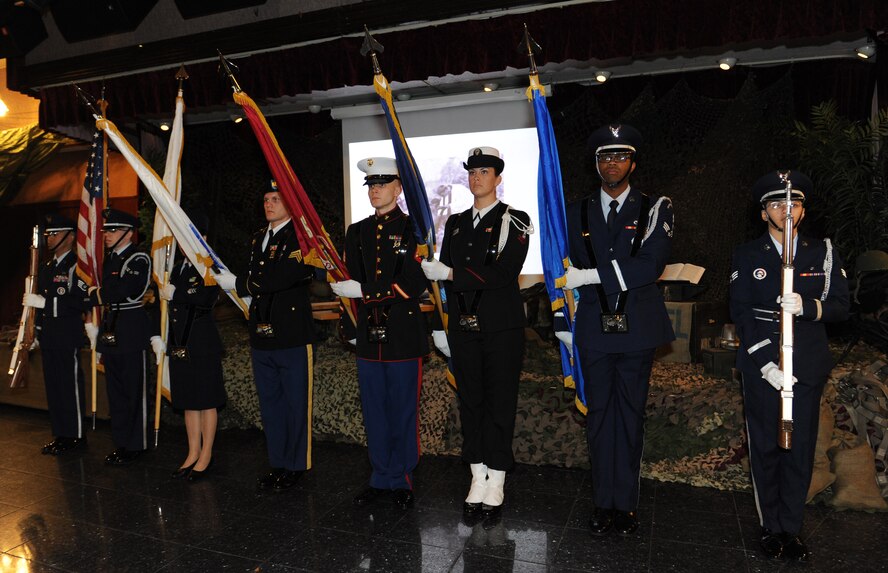 Kadena color guard members present the colors during the National Prayer Luncheon on Kadena Air Base, Japan, Jan. 24, 2013. The National Prayer history dates back to the 1930s when civic and business leaders came together to share a meal, study the Bible and develop relationships of trust and support. All faiths are welcome at the military National Prayer Luncheon events today. (U.S. Air Force photo/Airman 1st Class Malia Jenkins)