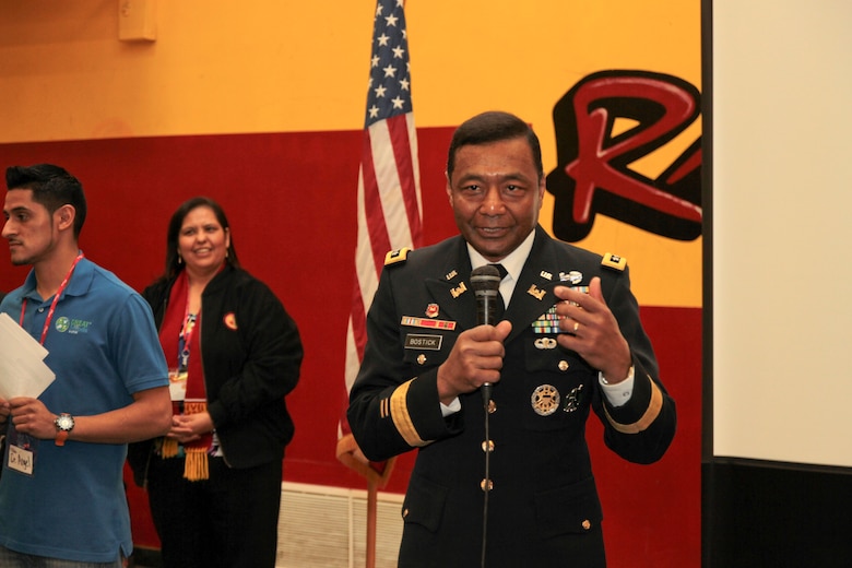 U.S. Army Corps of Engineers Commanding General Lt. Gen. Thomas P. Bostick, delivers last minute instructions to science, technology, engineering and mathematics students at Roosevelt High School in Los Angeles Jan. 18. Bostick and Deputy Commanding General for Civil and Emergency Operations Maj. Gen. Michael J. Walsh, South Pacific Division Commander Brig. Gen. Michael C. Wehr and his district commanders visited the school during Great Minds in STEM's Viva Technology Day.