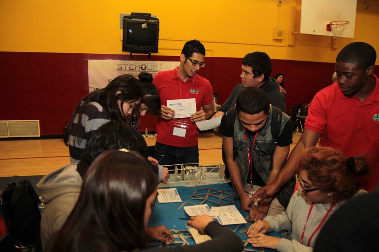 During Viva Technology Day at Roosevelt High School in Los Angeles Jan. 18,  students participated in hands-on competitive, educational challenges. They worked in teams led by college students (red shirts) and District interns who major in STEM. 