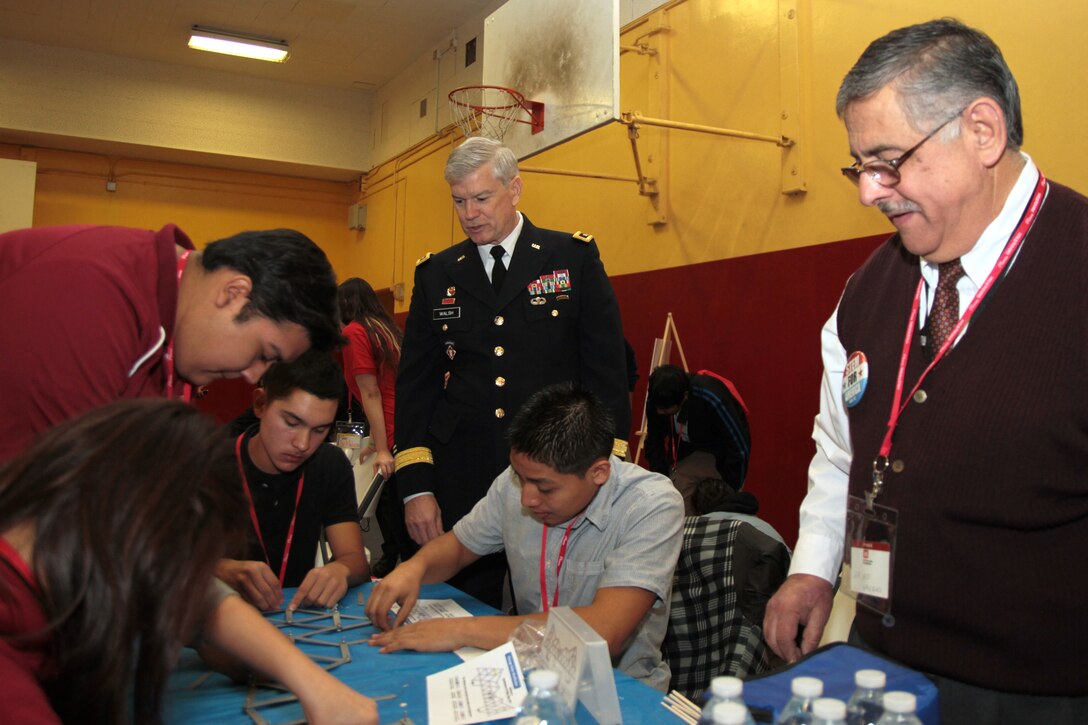 Deputy Commanding General for Civil and Emergency Operations Maj. Gen. Michael J. Walsh looks on during Great Minds in STEM's Viva Technology Day at Roosevelt High School in Los Angeles Jan. 18. According to the U.S. Bureau of Labor Statistics, more than half of the 30 fastest-growing occupations through 2018 are STEM-related. Environmental engineers are leading the way at an expected 31 percent job growth.