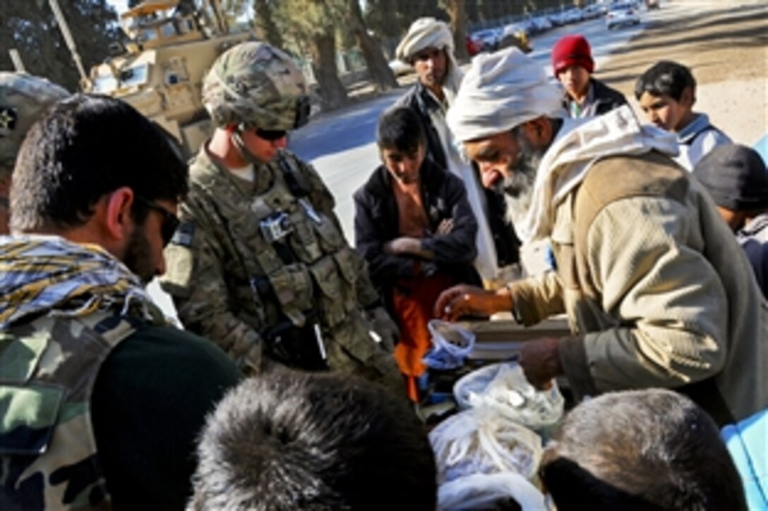 A man weighs dates from his stand to sell to U.S. Army Spcs. Joseph Sullivan, not pictured, and Matt Cullen across from the Farah provincial Directorate of Agriculture, Irrigation and Livestock's facilities in Farah City, Afghanistan, Jan. 23, 2013. Sullivan and Cullen are assigned to Provincial Reconstruction Team Farah.