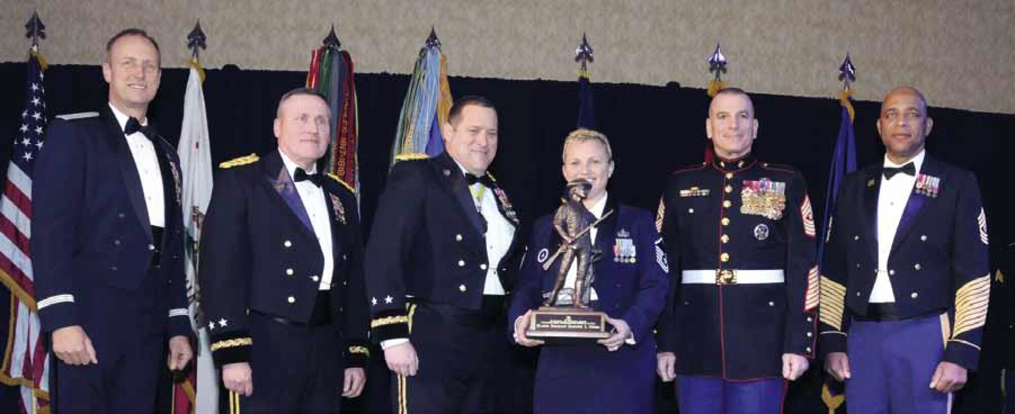 California Air National Guard - Senior Non-Commissioned Officer (SNCO) of the Year Master Sgt. Jennifer Oberg, 163rd Reconnaissance Wing, 163rd Maintenance Group (Left to right) Brigadier General Jon K. Kelk, Commander, California Air National Guard; Major General Lawrence A. Haskins, Commander, California Army National Guard; Major General David S. Baldwin, The Adjutant General, California Military Department; Master Sgt. Jennifer Oberg, 163rd Reconnaissance Wing, 163rd Maintenance Group, Senior Non-Commissioned Officer (SNCO) of the Year; Sergeant Major Bryan B. Battaglia, Senior Enlisted Advisor to the Chairman of the Joint Chiefs of Staff; Command Sergeant Major William Clark Jr., State Senior Enlisted Advisor, California National Guard. (Air National Guard photo by Master Sgt. David Buttner)