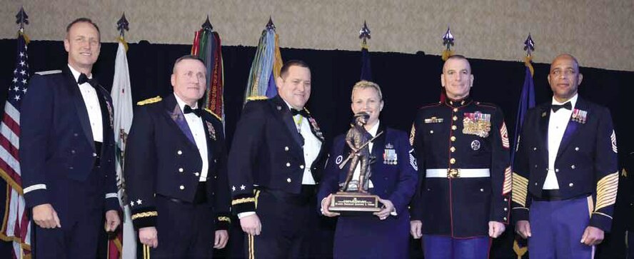 California Air National Guard - Senior Non-Commissioned Officer (SNCO) of the Year Master Sgt. Jennifer Oberg, 163rd Reconnaissance Wing, 163rd Maintenance Group (Left to right) Brigadier General Jon K. Kelk, Commander, California Air National Guard; Major General Lawrence A. Haskins, Commander, California Army National Guard; Major General David S. Baldwin, The Adjutant General, California Military Department; Master Sgt. Jennifer Oberg, 163rd Reconnaissance Wing, 163rd Maintenance Group, Senior Non-Commissioned Officer (SNCO) of the Year; Sergeant Major Bryan B. Battaglia, Senior Enlisted Advisor to the Chairman of the Joint Chiefs of Staff; Command Sergeant Major William Clark Jr., State Senior Enlisted Advisor, California National Guard. (Air National Guard photo by Master Sgt. David Buttner)