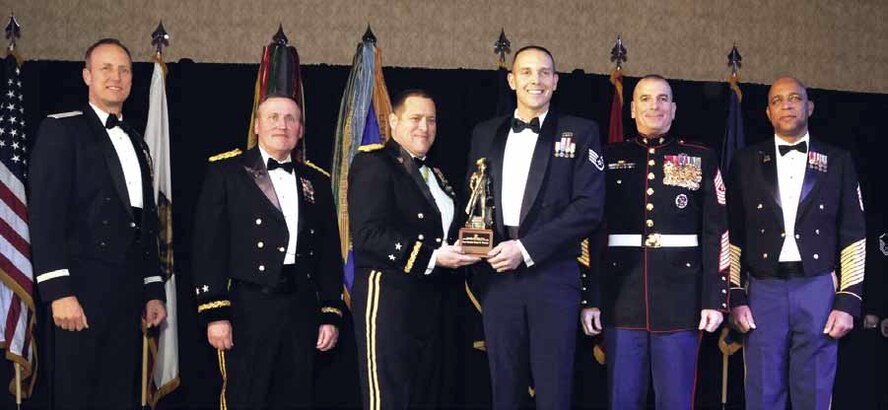 California Air National Guard - Honor Guardsman of the Year Staff Sgt. Daniel Stephens, 163rd Reconnaissance Wing (Left to right) Brigadier General Jon K. Kelk, Commander, California Air National Guard; Major General Lawrence A. Haskins, Commander, California Army National Guard; Major General David S. Baldwin, The Adjutant General, California Military Department; Staff Sgt. Daniel Stephens, 163rd Reconnaissance Wing, California Air National Guard Honor Guardsman of the Year; Sergeant Major Bryan B. Battaglia, Senior Enlisted Advisor to the Chairman of the Joint Chiefs of Staff; Command Sergeant Major William Clark Jr., State Senior Enlisted Advisor, California National Guard. (Air National Guard photo by Master Sgt. David Buttner)