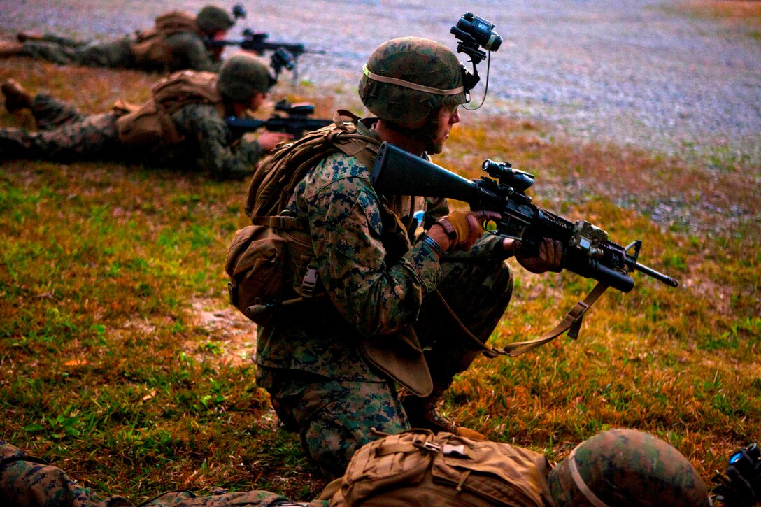 Marines and Sailors with Company A., Battalion Landing Team 1st Battalion, 5th Marine Regiment, 31st Marine Expeditionary Unit, form a tactical line to suppress notional enemies during a mechanized raid here, Jan 24. The raid began from the USS Germantown (LSD-42), located off the coast of Okinawa, as part of their pre-deployment training for Spring Patrol 2013. The 31st MEU is the only continuously forward-deployed MEU and is the Marine Corps’ force in readiness in the Asia-Pacific region.