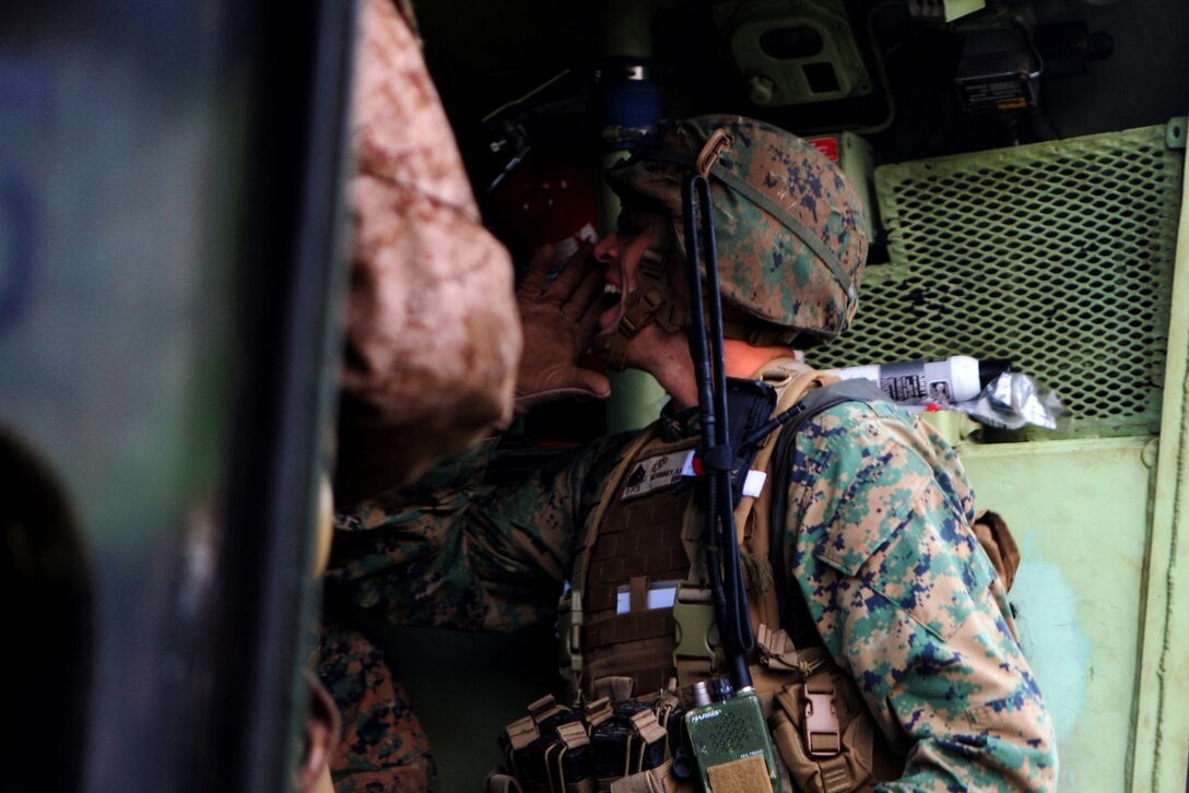 A Marine with Company A., Battalion Landing Team 1st Battalion, 5th Marine Regiment, 31st Marine Expeditionary Unit, directs his squad during a mechanized raid here, Jan 24. The raid began from the USS Germantown (LSD-42), located off the coast of Okinawa, as part of their pre-deployment training for Spring Patrol 2013. The 31st MEU is the only continuously forward-deployed MEU and is the Marine Corps’ force in readiness in the Asia-Pacific region.
