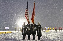 Marines From Recruiting Station Lansing, Recruiting Sub-Stations Grand Rapids North and South, participate in the opening ceremony for the Grand Rapids Pond Hockey Classic,Jan 25. The Marines braved sub-zero wind chill temperatures to present the colors on the frozen surface of Reeds Lake in Grand Rapids, Mich. 