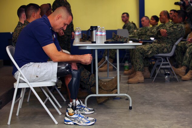 Ret. Sgt. Maj. Patrick Wilkinson, former 2nd Battalion, 3rd Marine Regiment Battalion Sergeant Major, reflects on experiences during the sailors’ pre-deployment at the Naval Expeditionary Medical Training Institute here Jan. 24.