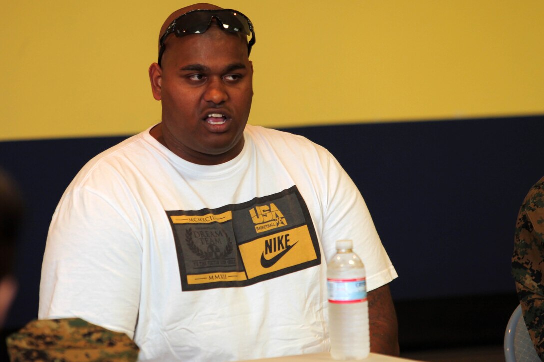 Cpl. Toran Gaal, formerly with 1st Battalion 5th Marine Regiment, shares his deployment experiences with medical personnel during a pre-deployment brief at the Naval Expeditionary Medical Training Institute here Jan. 24.