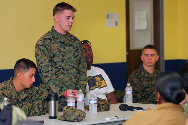 Sgt. Jordan Williams, 3rd Light Armored Reconnaissance Battalion, shares his deployment experiences during a pre-deployment brief at the Naval Expeditionary Medical Training Institute here Jan. 24.