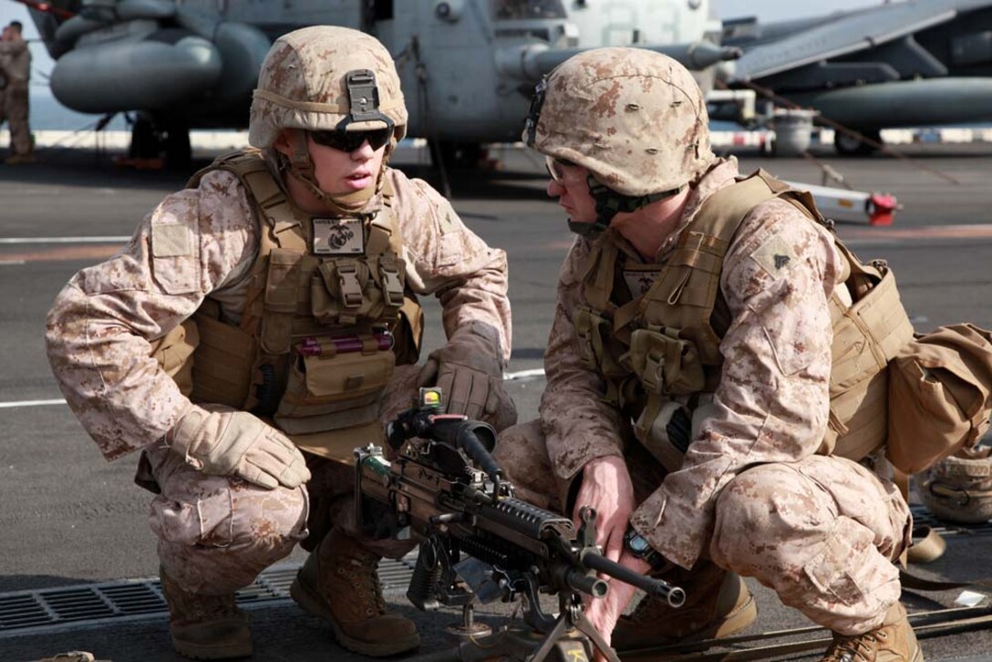Lance Cpl. Blake R. Knutz, and Cpl. Zachary M. O'Malley, both gunners with 81mm Mortars/Tactical Recovery of Aircraft and Personnel Platoon, Weapons Company, Battalion Landing Team 3/5, 15th Marine Expeditionary Unit, setup squad automatic weapons for a range on the flight deck of the USS Peleliu, Jan. 25. The 15th MEU is deployed as part of the Peleliu Amphibious Ready Group as a U.S. Central Command theater reserve force, providing support for maritime security operations and theater security cooperation efforts in the U.S. 5th Fleet area of responsibility. Knutz, 20, is from Rainier, Wash., and OÃ¢â‚¬â„¢Malley, 22, is from Clearwater, Fla. (U.S. Marine Corps photo by Cpl. John Robbart III)