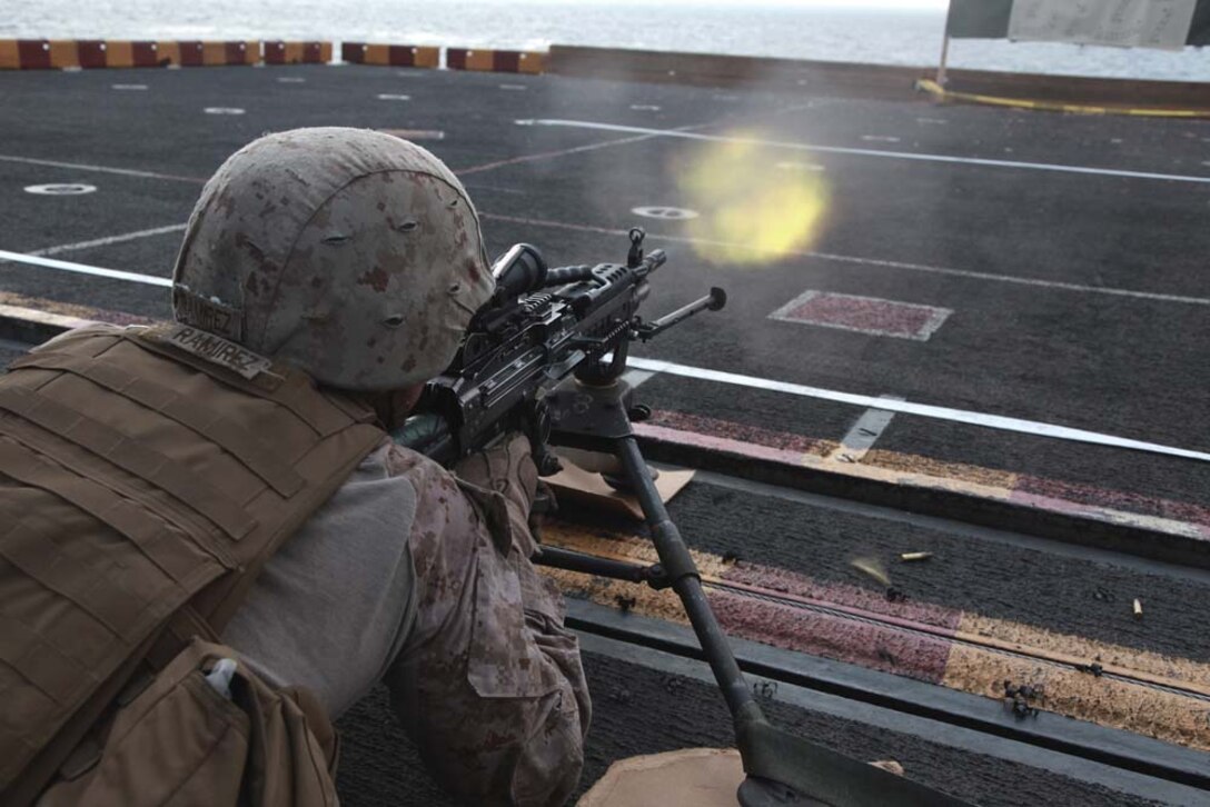 Lance Cpl. Max Ramirez, a mortarman with 81mm Mortars/Tactical Recovery of Aircraft and Personnel Platoon, Weapons Company, Battalion Landing Team 3/5, 15th Marine Expeditionary Unit, fires a squad automatic weapon at a range on the flight deck of the USS Peleliu, Jan. 25. The 15th MEU is deployed as part of the Peleliu Amphibious Ready Group as a U.S. Central Command theater reserve force, providing support for maritime security operations and theater security cooperation efforts in the U.S. 5th Fleet area of responsibility. Ramirez, 19, is from North Hollywood, Calif. (U.S. Marine Corps photo by Cpl. John Robbart III)