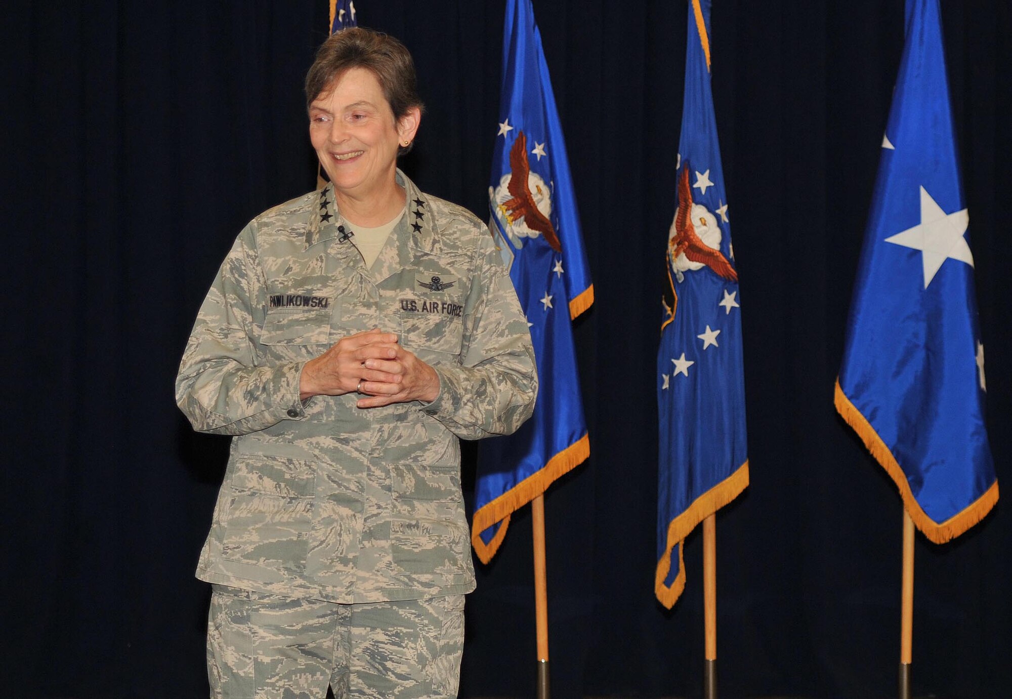 Lieutenant General Ellen Pawlikowski speaks at the Welcome Home Airmen ceremony, Jan. 24.  (Photo by Sarah Corrice)