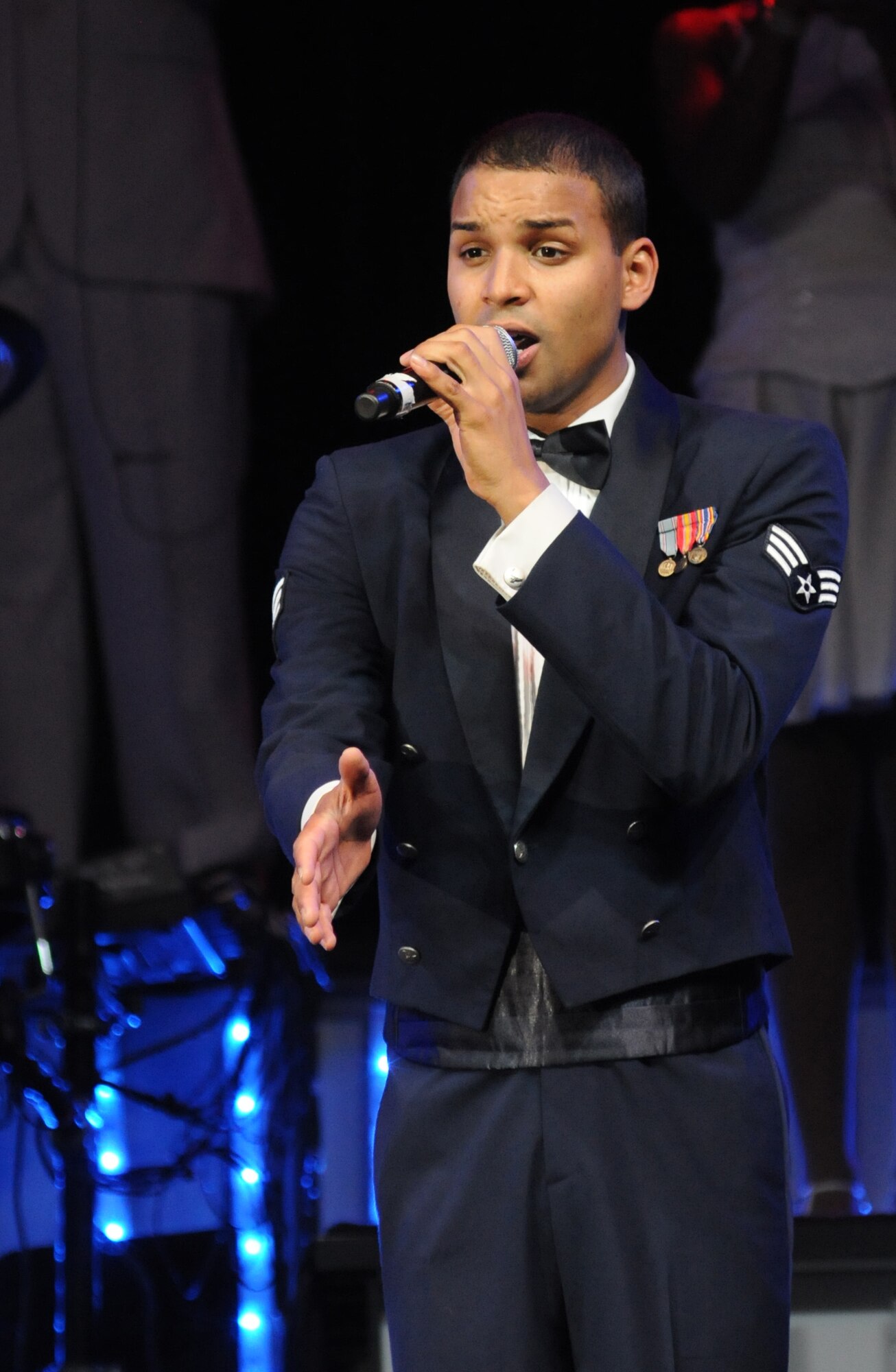 Senior Airman Emmanuel Maldonado Rosario, 81st Dental Squadron, performs with the Tops in Blue 2012 World Tour Jan. 27, 2013, at the Mississippi Coast Coliseum.  Hundreds of Keesler Airmen, families and community members watched and listened as the sequin-studded members of Tops in Blue performed their diverse show. According to its website, Tops in Blue began in 1953 and has since performed on film, on national television and at events like the Super Bowl and World’s Fair. This year’s tour takes the group to more than 20 countries with nearly 130 performances. For more information on the team or audition requirements, visit www.topsinblue.com.  (U.S. Air Force photo by Kemberly Groue)