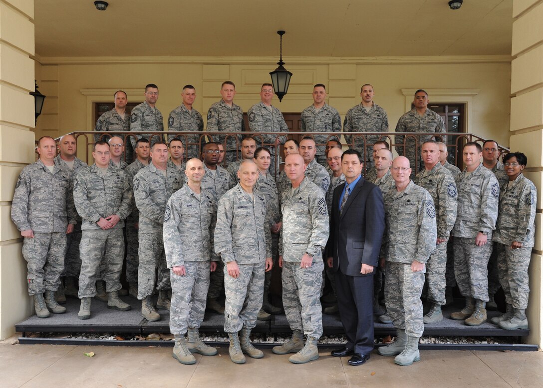 Air Force Global Strike Command Chief selects pose for a group photo on Barksdale Air Force Base, La., Jan. 28. The 31 Chief selects from the five Global Strike bases are attending an orientation to learn tools needed to lead at the highest level of enlisted leadership. (U.S. Air Force photo/Airmen 1st Class Joseph A. Pagán Jr.)(RELEASED)
