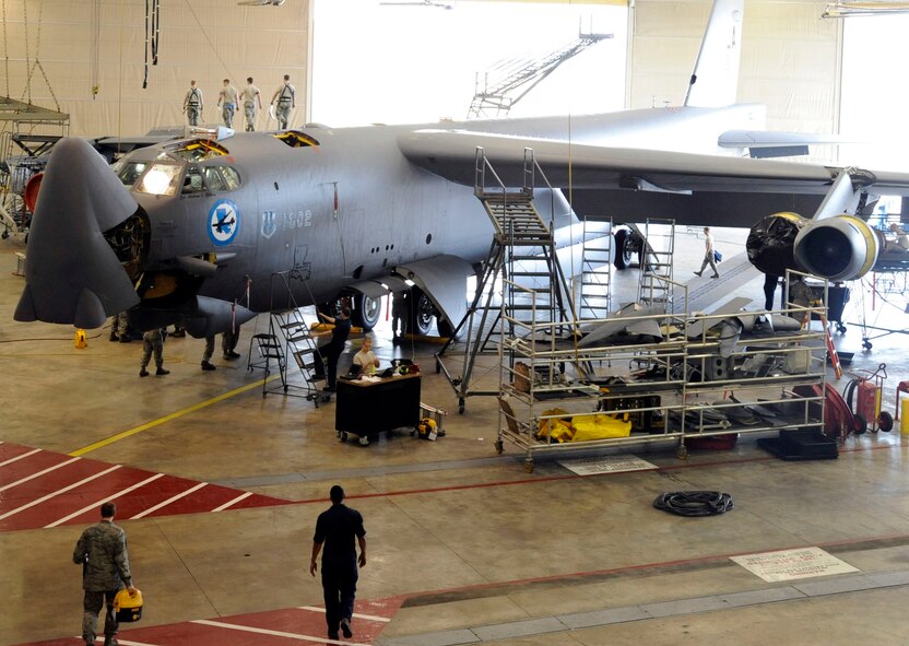 A B-52H Stratofortress undergoes a phase inspection on Barksdale Air Force Base, La., Jan. 28. Aircraft come in for phase inspections every 450 flight hours. The inspections also include repairs to the aircraft's systems, such as the engines, electrical and life support systems, and hydraulics. (U.S. Air Force photo/Airman 1st Class Andrew Moua)