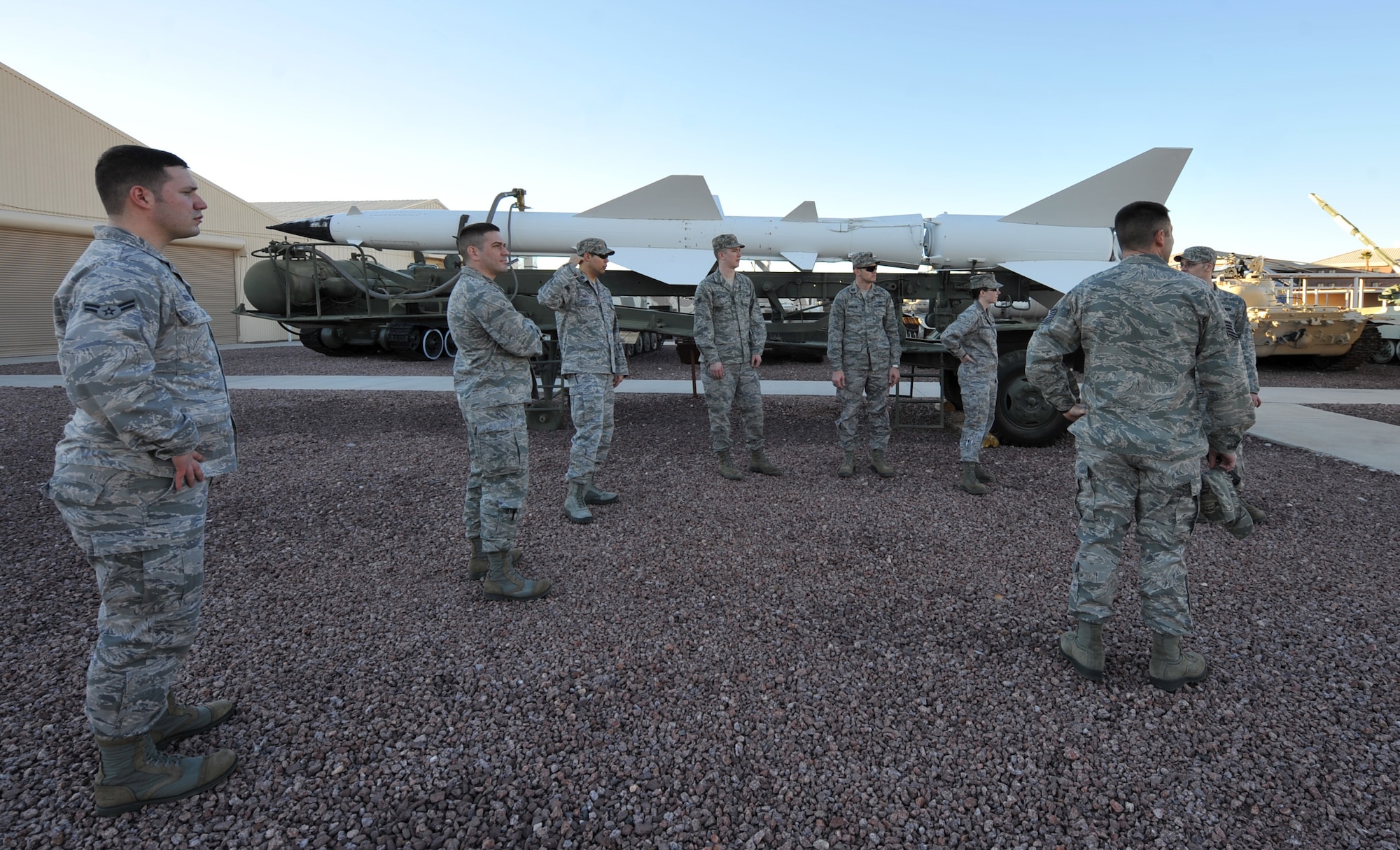 U.S. Air Force Airmen from the 366th Operations Support Squadron, take a tour of the Threat Training Facility at Nellis Air Force Base, Nev., Jan. 22, 2013. The facility received the nickname “the petting zoo” because of the unusual freedom to handle and even sit inside the equipment. (U.S. Air Force photo/Senior Airman Heather Hayward) 