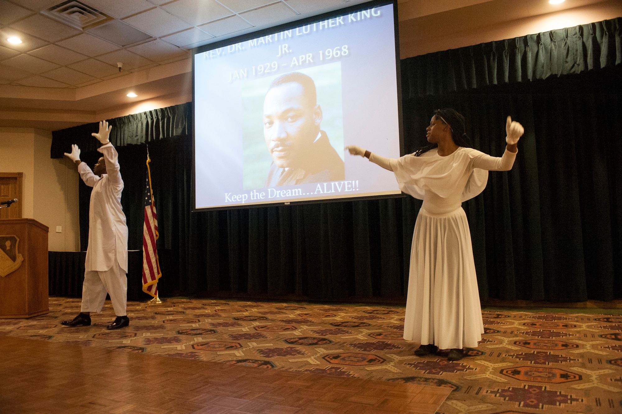 Members of the Yahweh praise team dance during the Martin Luther King Jr. observance luncheon held at Cannon Air Force Base, N.M., Jan. 23, 2012. The luncheon was held to recognize past hardships and prejudices that King faced during his fight for freedom as a civil rights activist. (U.S. Air Force photo/Airman 1st Class Xavier Lockley)