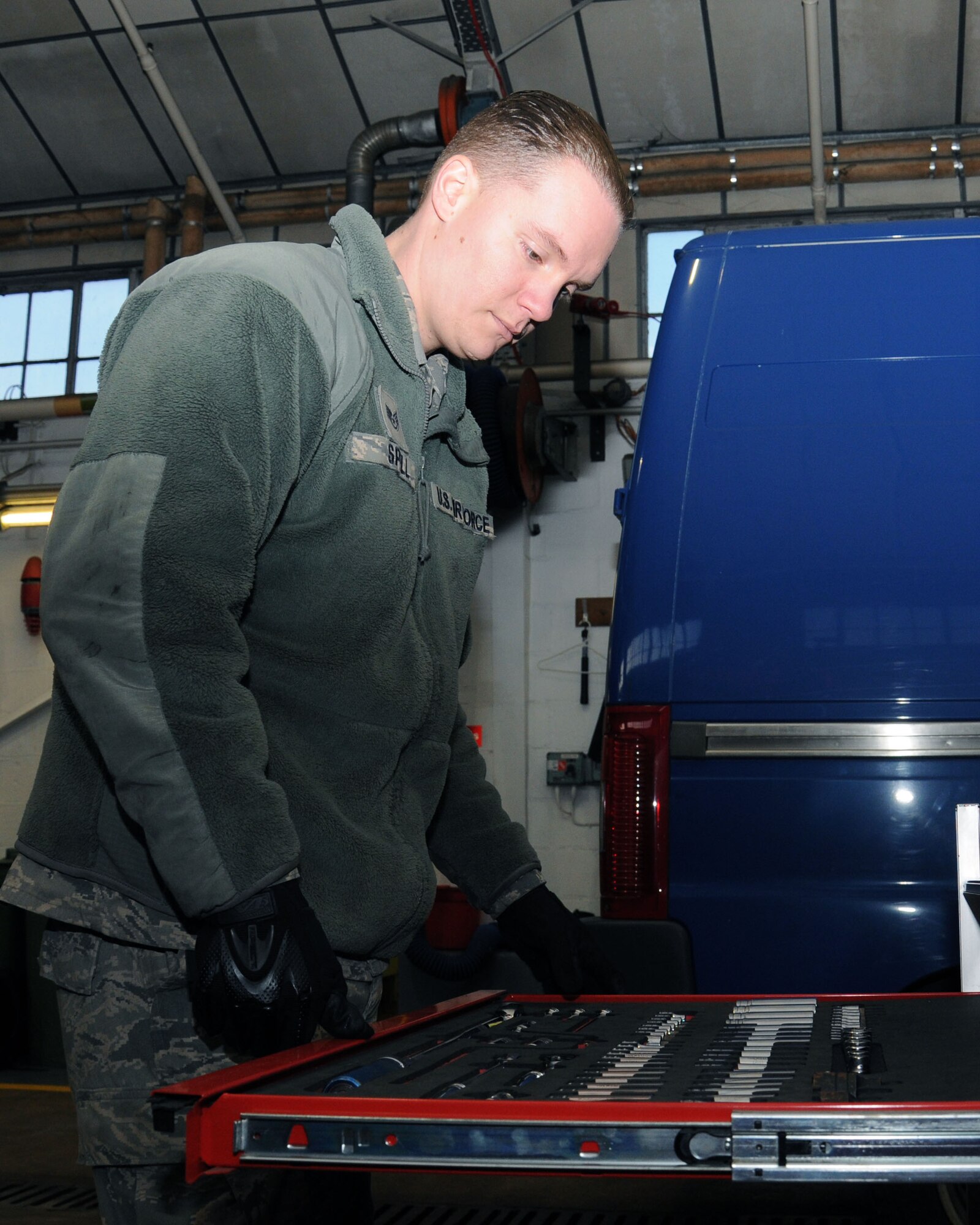 Staff Sgt. Jonathan Spell, 100th Logistics Readiness Squadron refueling maintenance NCO-in-charge from Charleston, S.C., performs a tool inventory Jan. 25, 2013, at RAF Mildenhall, England. There are 77 military members assigned to the 100th LRS fuels flight. (U.S. Air Force photo by Gina Randall/Released)