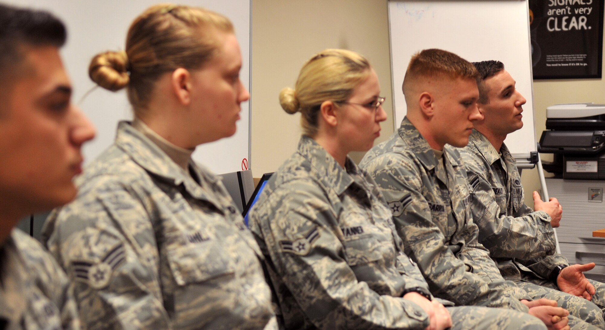 Airman 1st Class Stephen Beasley, right, 100th Civil Engineer Squadron Heavy Equipment journeyman from Roseville, N.C., speaks during an Airman panel Jan. 24, 2013, at the Professional Development Center, at RAF Mildenhall, England. Beasley was one of five Airmen to volunteer to speak to senior NCOs and future SNCOs about the needs and concerns of the junior enlisted force. (U.S. Air Force photo by Senior Airman Jerilyn Quintanilla/Released) 