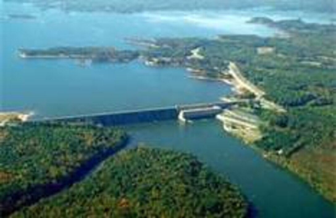 An aerial view of the U.S. Army Corps of Engineers’ John H. Kerr Dam and Lake.
