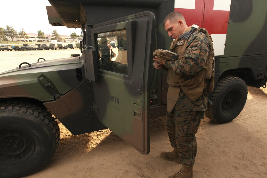 Cpl. Zach Oftedal, a motor transport operator with 9th Communication Battalion, prepares to embark on a convoy to support Exercise Dawn Blitz 13.1, at Camp Pendleton, Calif., Jan. 23. The 9th Comm. Bn., Marines and 1st Intelligence Battalion, will establish communications and an intelligence operations center for the nine-day exercise to validate their readiness and ability to support 1st Marine Expeditionary Brigade in the event of a contingency. Oftedal, 21, is from Napa, Calif.


