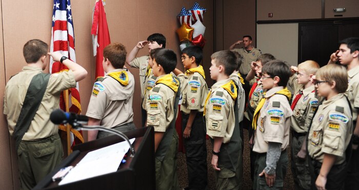The Boy Scouts of America Troop 44 recites the Scouts’ Law at a dinner held in their honor at the Recce Point Club on Beale Air Force Base Calif., Jan. 26.  Troop 44 was celebrating its 50th anniversary. (U.S. Air Force photo by Airman 1st Class Bobby Cummings/Released)
