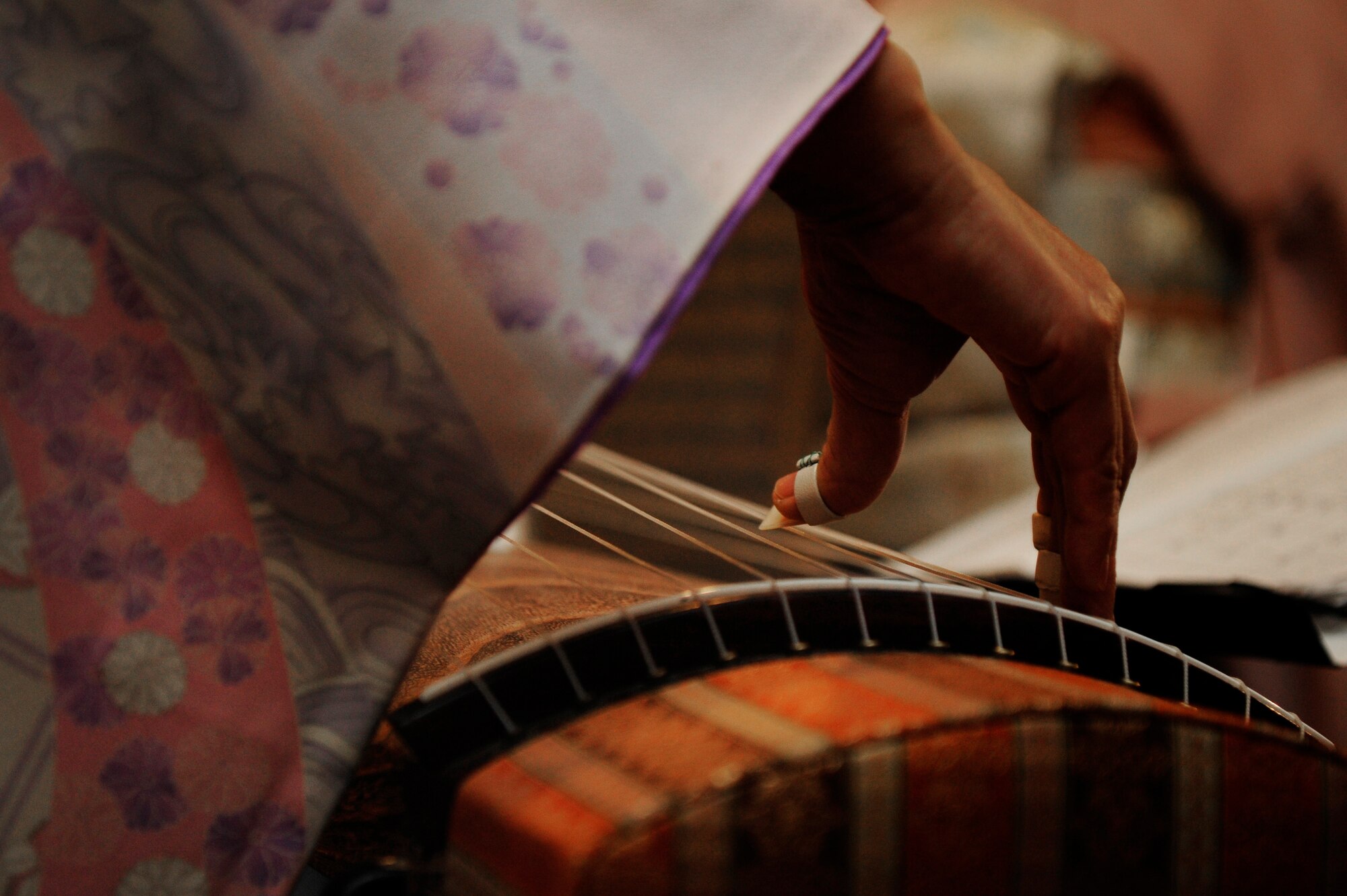 A member of the Japanese koto music group, Kin-yu-kai, performs during a New Year's celebration hosted at Yokota Air Base, Japan, Jan. 26, 2013. The event was an opportunity to reaffirm U.S.-Japanese relations and thank representatives from communities surrounding Yokota for their continued support and friendship. (U.S. Air Force photo by 2nd Lt. Jake Bailey)