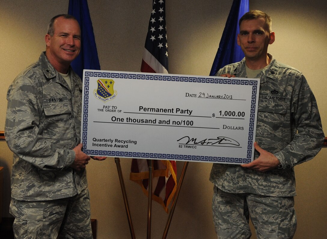 Brig. Gen. Michael Fantini (left), 82nd Training Wing commander, congratulates 82nd Mission Support Group vice-commander Lt. Col. Peter Berube after the group was named as the permanent party award winners for the FY13, 1st Quarter Recycling Awards.  The 82nd MSG collected almost 80,000 pounds of recyclables this quarter. (U.S. Air Force photo/Airman 1st Class Jelani Gibson)