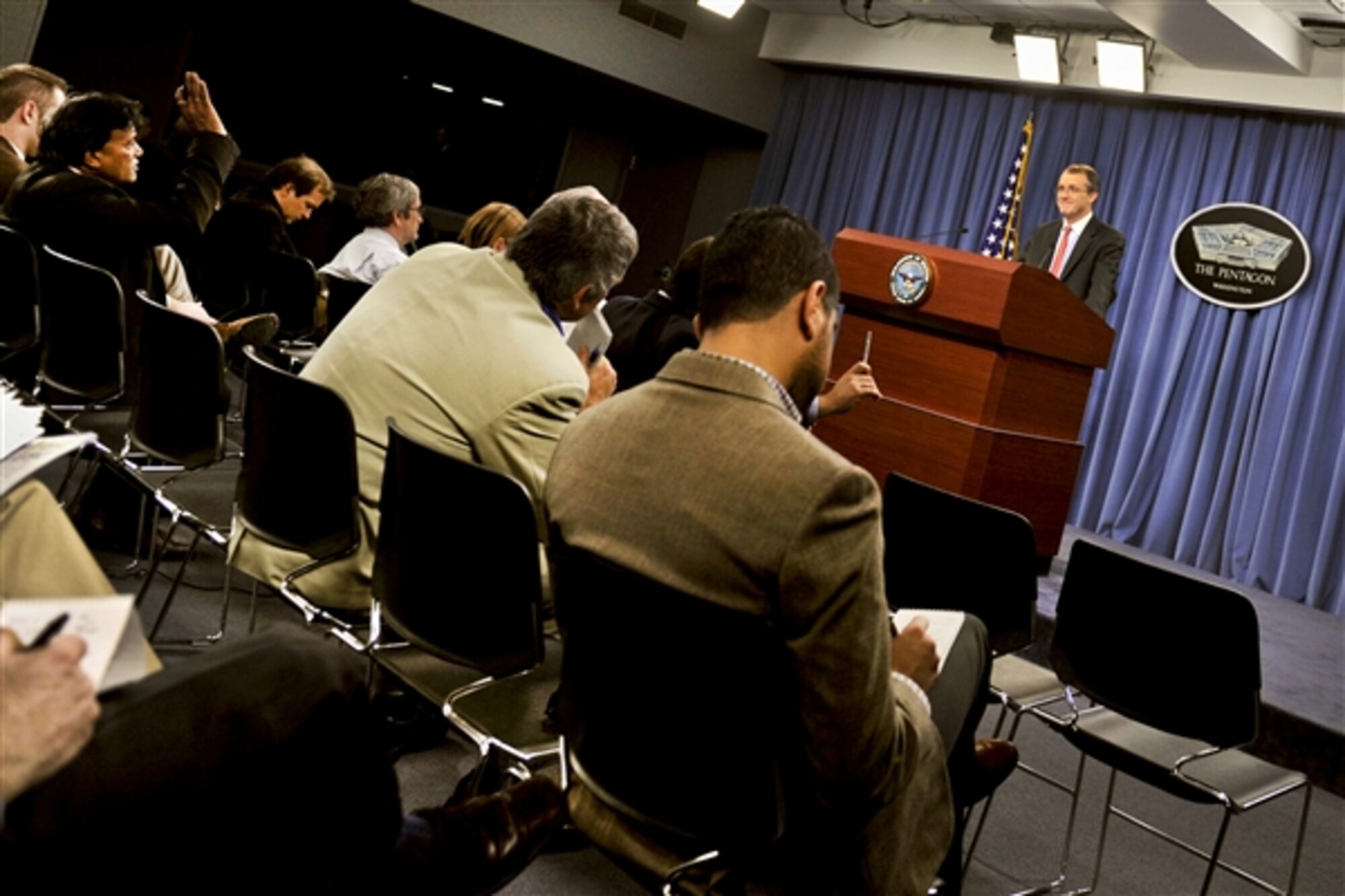 Pentagon Press Secretary George Little briefs reporters at the Pentagon, Jan. 29, 2013. During the press event, Little provided an update on the U.S. role in supporting France's military operations in Mali. (Department of Defense photo/Glenn Fawcett)
