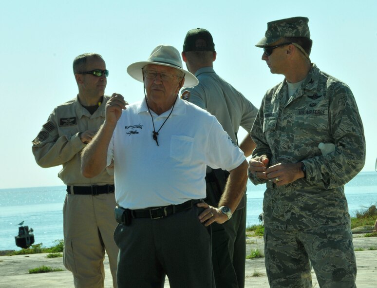 Retired Lt. Col. Jerry Cheeseman, former 482nd CES commander, discusses the intricacies of the work being done by the active and retired reservists of the 482nd Civil Engineer Squadron on Fort Jefferson in the Dry Tortugas National Park to Col. Donald R. Lindberg, 482nd Fighter Wing Commander, Jan. 17. Air Force reservists both active and retired from Homestead Air Reserve Base’s 482nd Civil Engineer Squadron gathered at Fort Jefferson over several days in January to participate in a maintenance project for the National Park Service. 15 active reservists, six retired reservists, and one civilian contractor set up shop at Fort Jefferson as a training mission. The main project of the training was the construction of four reinforced concrete bases for large, 24-ton restored cannons to replicate the historical weapon's footprint. (U.S. Air Force photo/Ross Tweten)