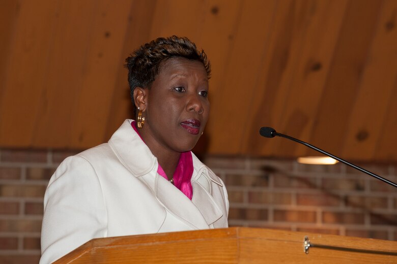 Retired Chief Master Sgt. Joan Johnson gave a speech during the 2013 Dr. Martin Luther King Jr. Commemorative Service Jan. 16 at the base chapel. During the service, Johnson reminded attendees what King said in his “I Have a Dream” speech. King’s holiday this year was Jan. 21. (U.S. Air Force photo/Phillip Carter)