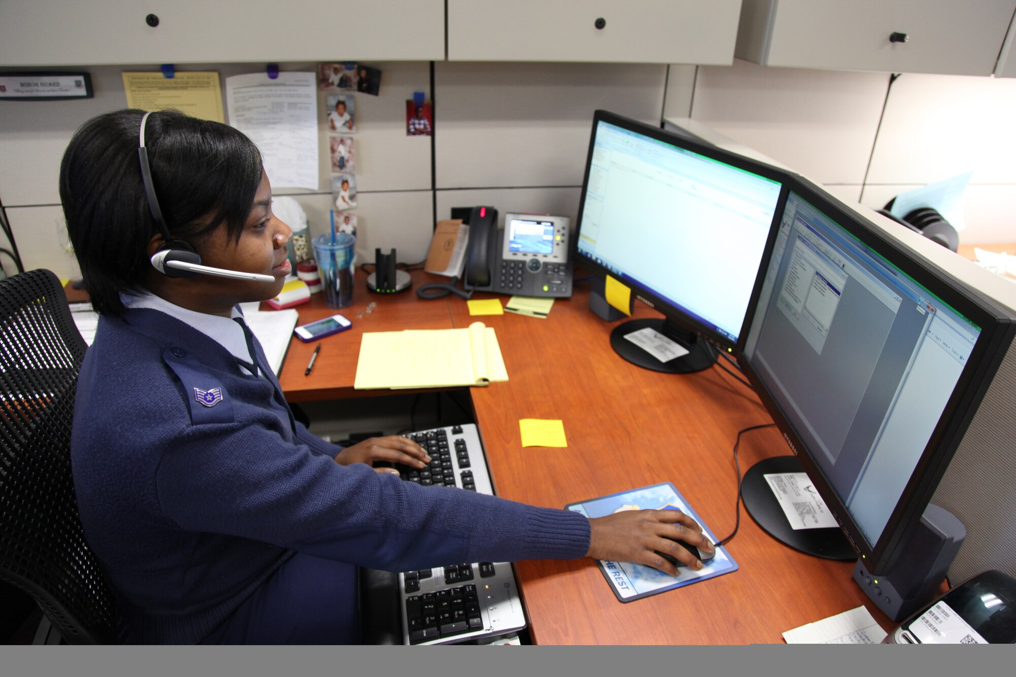 In order to provide improved customer service, the Air Reserve Personnel Center has launched a new Interactive voice recording or phone menu starting June 1, 2012, on Buckley Air Force Base, Colo. Staff Sgt. Jessyca Eddy, ARPC phone counselor, provides customer service to a caller in the Total Force Service Center - Denver. (U.S. Air Force photo/Quinn Jacobson/)