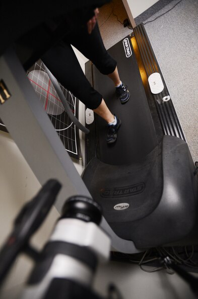 The Health and Wellness Center recently received a gait analysis machine that helps analyze any abnormalities in a person's stride, Shaw Air Force Base, S.C., Jan. 28, 2013. The purpose of the gait analysis machine is to help make individuals more efficient runners and to help improve physical training test run scores. (U.S. Air Force photo by Senior Airman Tabatha Zarrella/Released)
