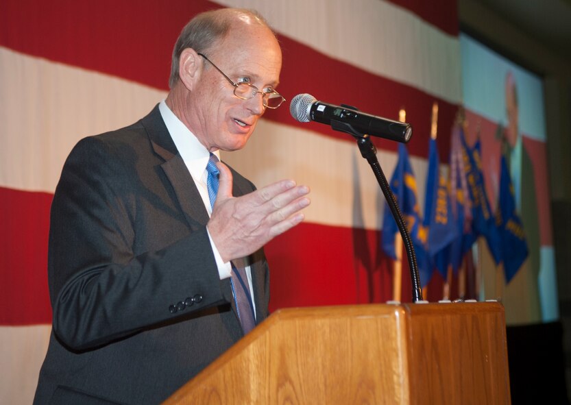 U.S. Air Force retired Maj. Gen. John H. Folkherts, former 347th Rescue Wing commander at Moody Air Force Base, Ga., gives a speech during the 23d Wing 2012 Annual Awards Banquet at the James H. Rainwater Conference Center in Valdosta, Ga., Jan. 25, 2013. Folkherts praised the efforts of all nominees, congratulated each of them for a job well done and encouraged them to keep up the phenomenal work. (U.S. Air Force Photo by Airman Paul Francis/Released)

