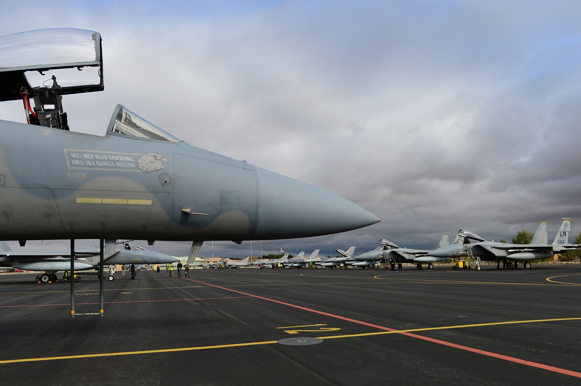 ALBACETE AIR BASE, Spain -- F-15C Eagles from the 493rd Fighter Squadron are checked prior to take off during the Tactical Leadership Program Jan. 18, 2013.  The 493rd FS is participating in the multi-national program, which develops key leadership and mission planning skills needed for NATO operations. (U.S. Air Force photo by Senior Airman Lausanne Morgan)