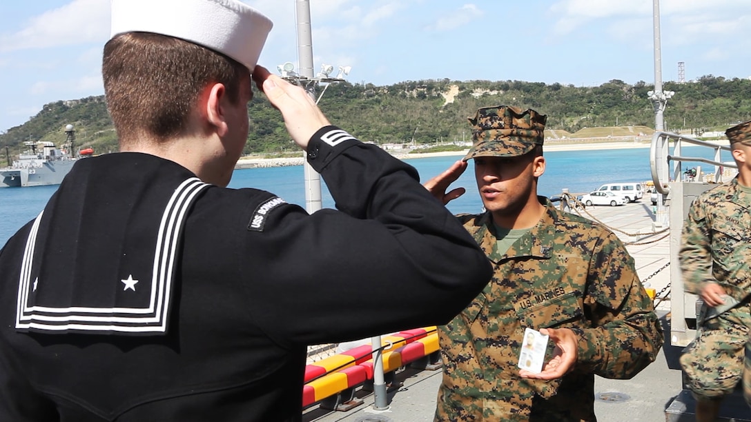 A Marine requests permission to board the USS Bonhomme Richard during the 31st Marine Expeditionary Unit’s embarkation with Amphibious Squadron 11 here, Jan 29. The unit is deploying for the regularly scheduled Spring Patrol and to participate in exercise Cobra Gold 2013 in the Kingdom of Thailand. Cobra Gold is a multilateral training exercise that the United States has participated in for more than three decades. The 31st MEU is the only continuously forward-deployed MEU and is the Marine Corps’ force in readiness in the Asia-Pacific region.