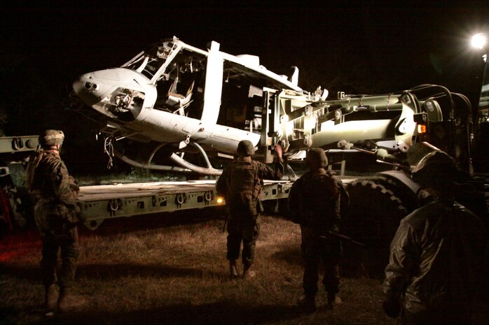 Marines with Marine Wing Support Squadron 272 simulated a UH-1Y Huey being shot down in enemy territory and having to tactically, safely and quickly recover the aircraft and secure the area in a training landing zone aboard Marine Corps Base Camp Lejeune, Jan. 24.  The Marines were giving only 24-hour notice beforehand to plan, execute and complete the mission.