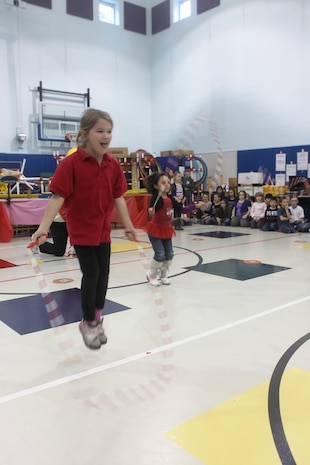 Students of Delalio Elementary School participate in a jump rope demonstration during the schools Jump Rope for Heart event where the students try and rtaise money and awareness for the American heart association, Jan 25. 