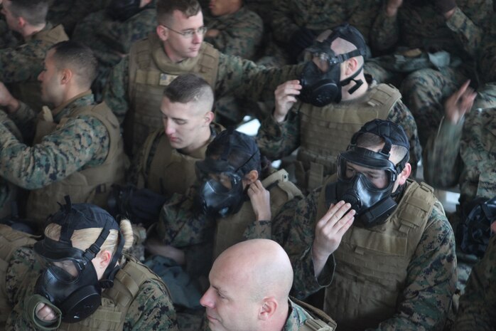 Marines with Combat Logistics Regiment 27, 2nd Marine Logistics Group underwent their annual gas-chamber training aboard Camp Lejeune, N.C., Nov. 29, 2012. The servicemembers practiced donning and clearing their gas masks in a contaminated environment, and received classroom instruction on how to react after a chemical, biological, radiological or nuclear attack in the field. 