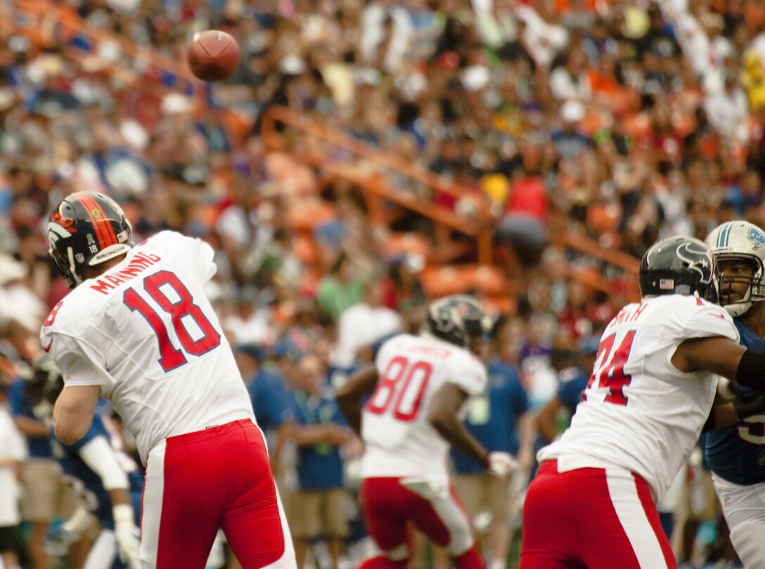 Denver Broncos quarterback Peyton Manning throws down field during the 2013 NFL Pro Bowl at Aloha Stadium, Jan. 27. Manning started at quarterback and played into the second quarter. The Marines at the Pro Bowl contributed to the festivities with a color guard, stage assistance, a troop formation and a welcoming home for Marines recently returned from deployment at halftime. 