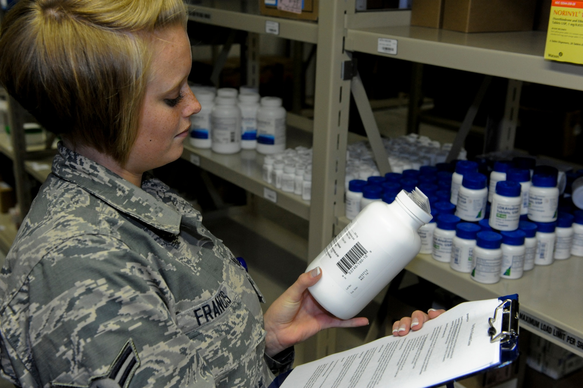 U.S. Air Force Airman 1st Class Chelsea Francis, 18th Medical Group medical materiel apprentice, checks inventory on Kadena Air Base, Japan, Jan. 24, 2013. The medical group holds more than 80 medical and dental care providers who see nearly 600 patients daily. (U.S. Air Force photo/Airman 1st Class Justin Veazie)