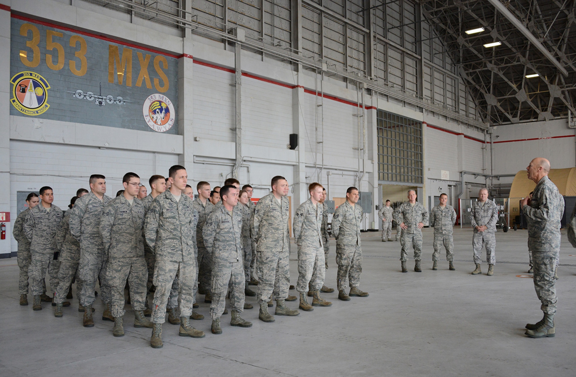 U.S. Air Force Chaplain (Maj. Gen.) Howard Stendahl, Air
Force Chief of Chaplains, speaks with Airmen from the 353rd Special
Operations Maintenance Squadron during his visit here Jan. 24, 2013.
Stendahl visited the 353rd Special Operations Group and met with leadership
along with Airmen to learn more about the group's mission during his visit
to Kadena Air Base. (U.S. Air Force photo/Tech. Sgt. Kristine Dreyer)

