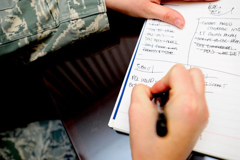 Staff Sgt. Crystal Housman, 628th Air Base Wing command chief executive, writes notes to schedule upcoming events for Chief Master Sgt. Al Hannon, 628th ABW command chief, Jan. 25, 2013, at Joint Base Charleston - Air Base, S.C. As the chief executive, Housman is heavily relied on to ensure the command chief receives paperwork that needs his signature and it leaves his desk in a timely matter. (U.S. Air Force photo/ Staff Sgt. Rasheen Douglas)