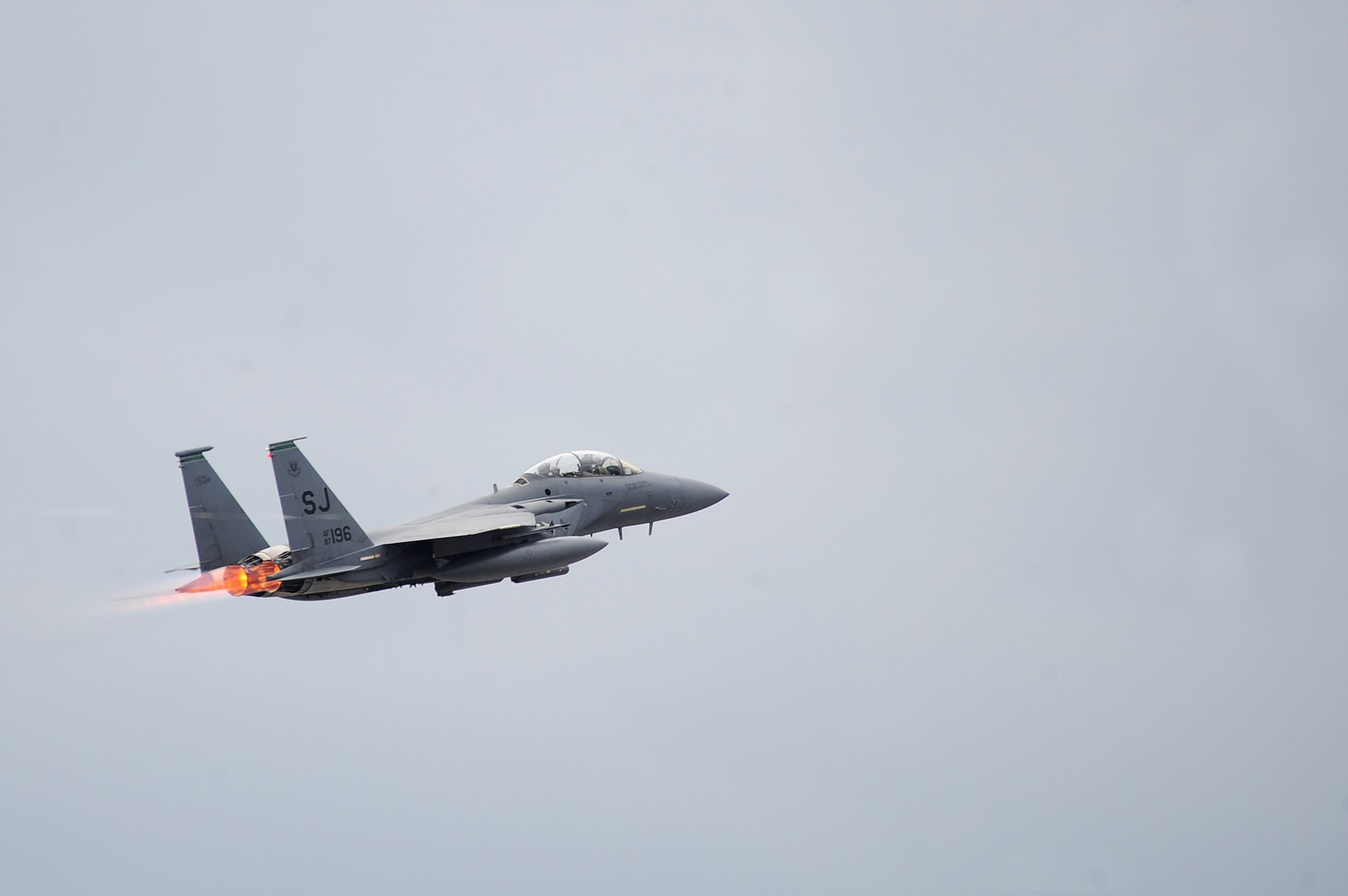 An F-15E Strike Eagle flies overhead during Operational Readiness Exercise Coronet Warrior 13-01B, at a simulated deployed location on Seymour Johnson Air Force Base, N.C., Jan. 30, 2013. Strike Eagle aircrew simulated a deployment to eliminate ground and air threats in addition to protecting the base. (U.S. Air Force photo/Airman 1st Class Aubrey White/Released)