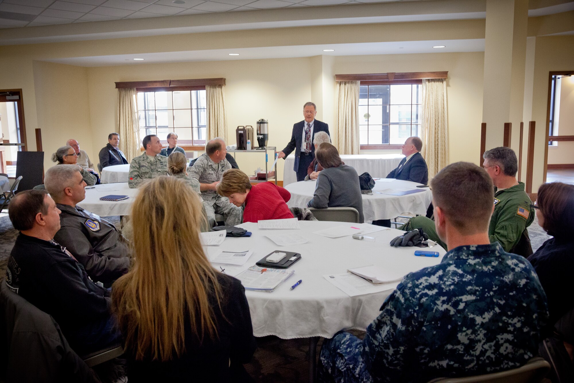 Larry Shellito, Minnesota Department of Veterans Affairs commissioner, talks with the Base Community Council members Jan. 25, at the Minnesota Veteran's Home in Minneapolis, Minn.  The council meets quarterly to share information between Minneapolis-St. Paul Air Reserve Station leaders and members of the surrounding community. (U.S. Air Force Photo/Shannon McKay)